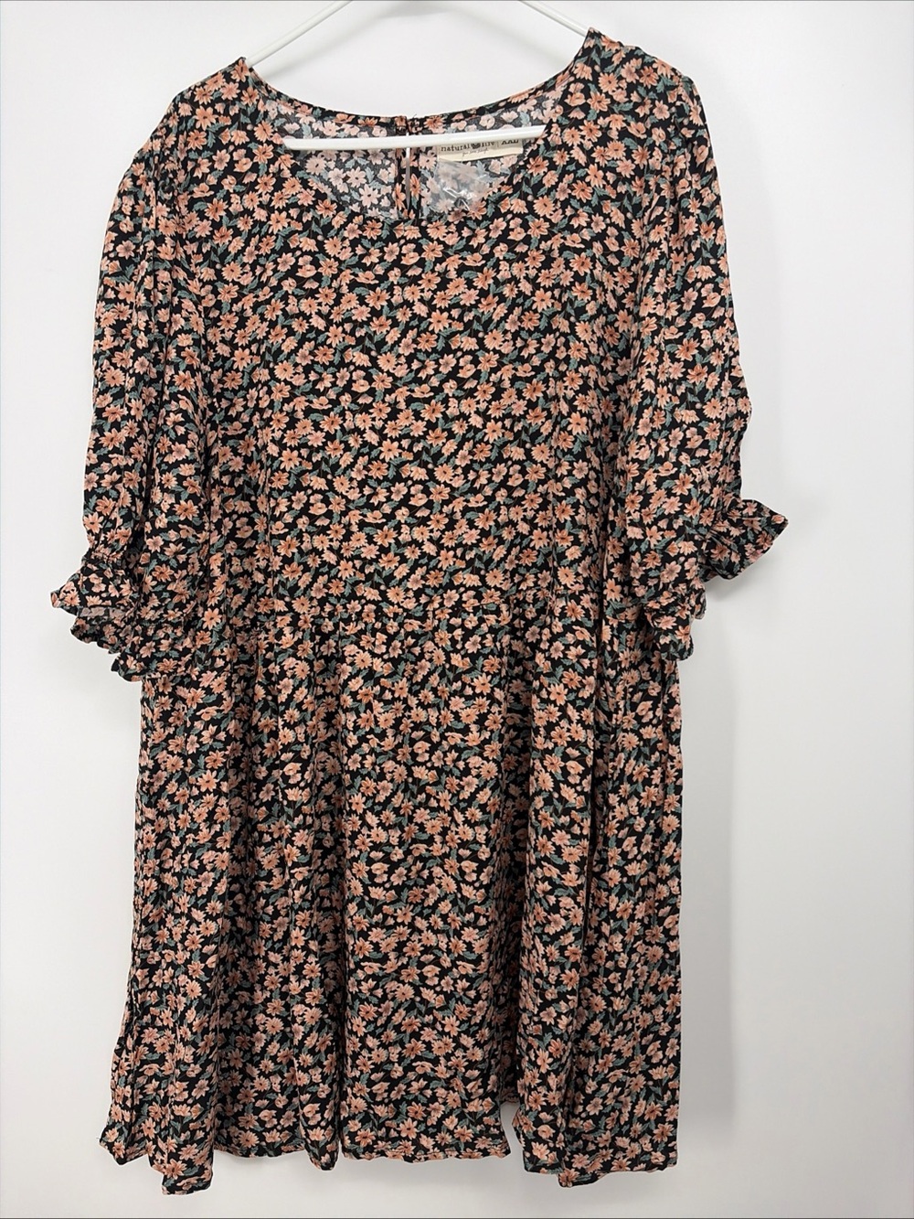 NATURAL LIFE Black Mini Dress with Peach Floral Print